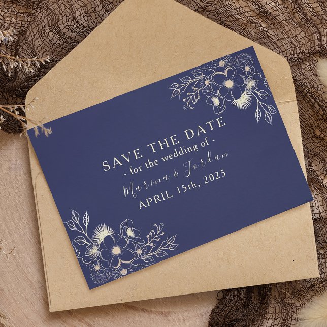 Elegante Gold Floral Navy Blue Save the Date Card (Von Creator hochgeladen)