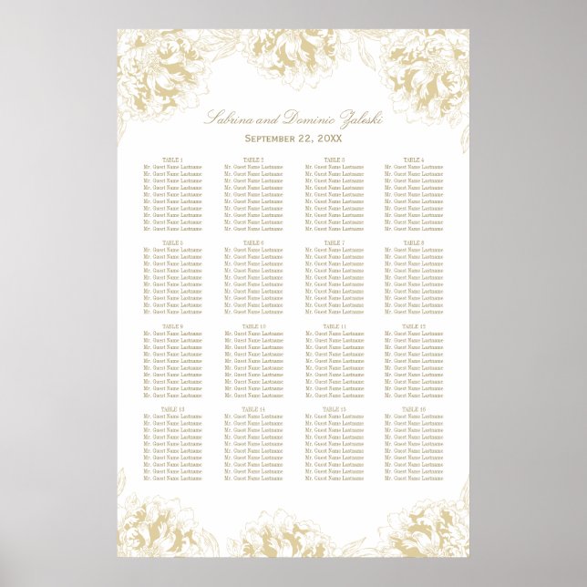 Elegante Gold Floral Peony Wedding Seating Poster (Vorne)