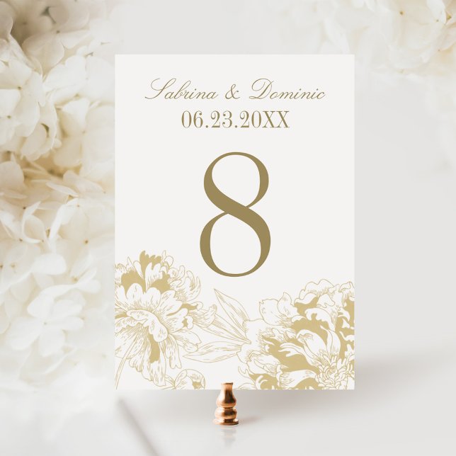 Elegante Gold Floral Peony Wedding Tischnummer (Von Creator hochgeladen)