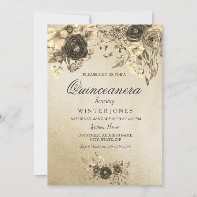 Elegante Gold Floral Quinceanera Einladung (Vorderseite)