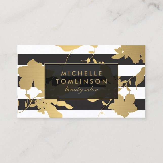 Elegante Gold Floral Striping Designer Business Ca Visitenkarte (Vorderseite)