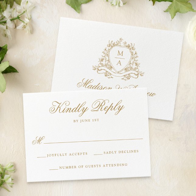 Elegante Gold Floral Wappen Monogram Wedding RSVP Karte (Von Creator hochgeladen)