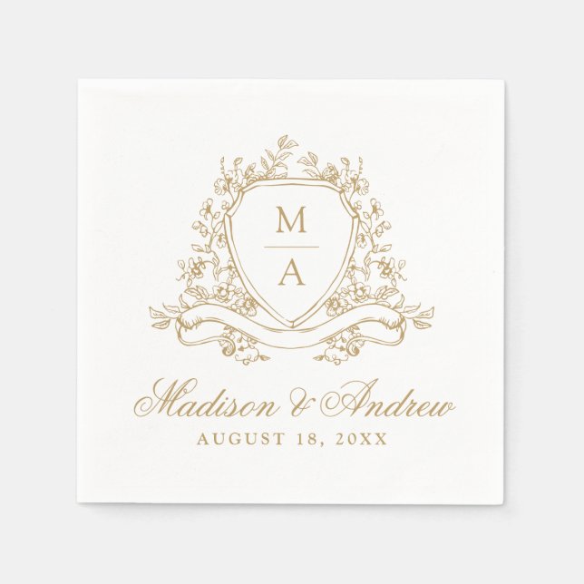 Elegante Gold Floral Wappen Monogram Wedding Serviette (Vorderseite)