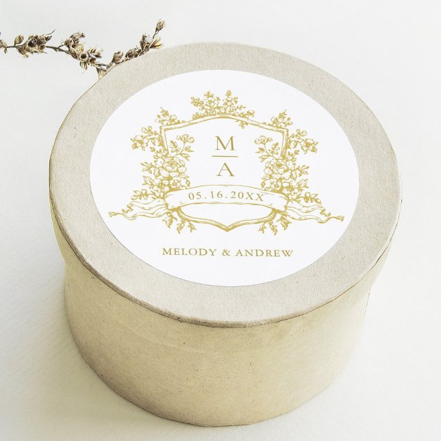 Elegante Gold Floral Wappen Monogramme Hochzeit Runder Aufkleber (Von Creator hochgeladen)