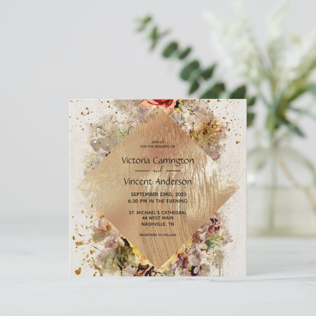 Elegante Gold Floral Wasserfarbe Rustikale Hochzei Einladung (Stehend Vorderseite)
