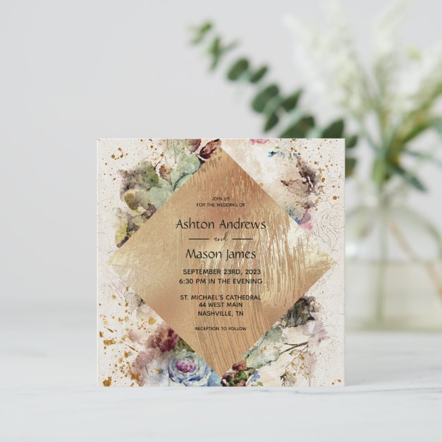 Elegante Gold Floral Wasserfarbe Rustikale Hochzei Einladung (Stehend Vorderseite)