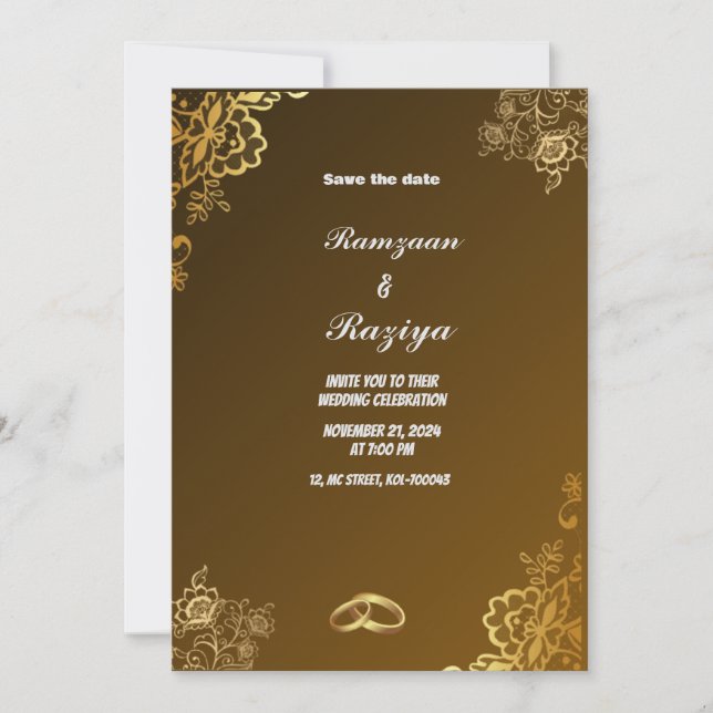 Elegante Gold Floral Wedding Invitation Card Einladung (Vorderseite)