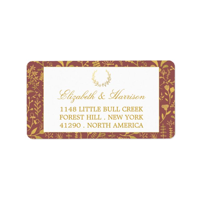 Elegante Gold Floral Wreath Wedding Adressaufkleber (Vorne)