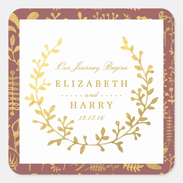 Elegante Gold Floral Wreath Wedding Quadratischer Aufkleber (Vorderseite)