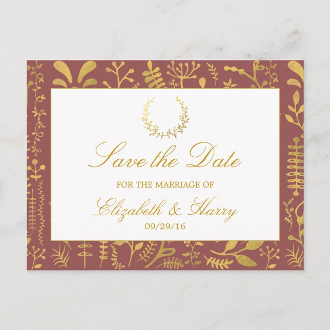 Elegante Gold Floral Wreath Wedding rettet das Dat Ankündigungspostkarte (Vorderseite)