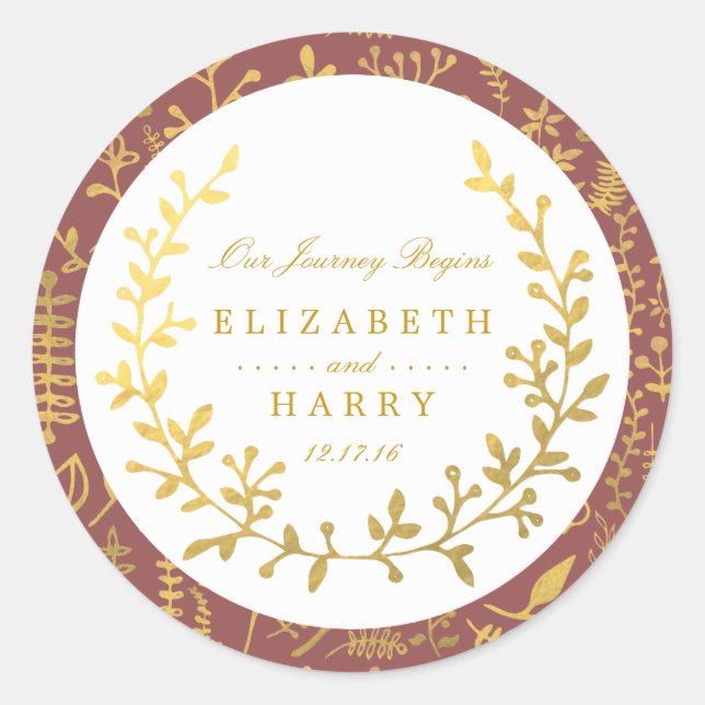 Elegante Gold Floral Wreath Wedding Runder Aufkleber (Vorderseite)