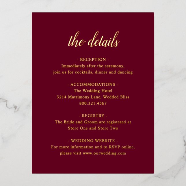 Elegante Gold Foil Burgund Hochzeitskarte Folie Einladungspostkarte (Vorderseite)