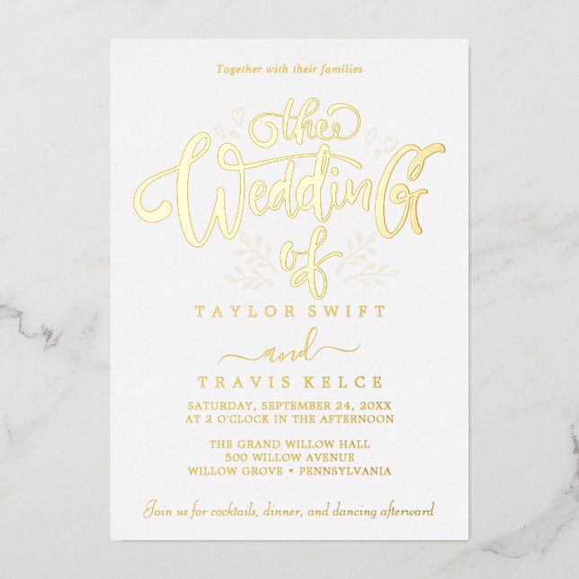 Elegante Gold Foil Calligraphy Wedding Folieneinladung (Vorderseite)