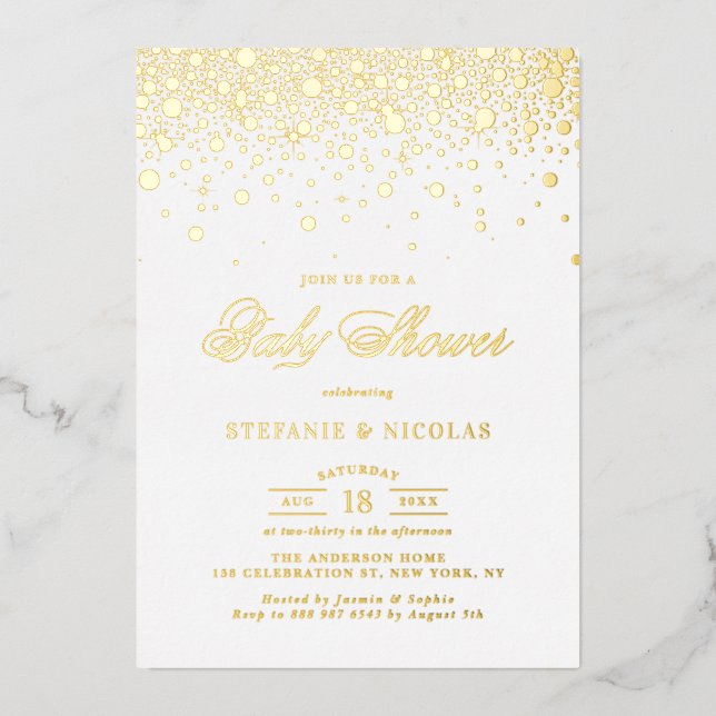 Elegante Gold Foil Confetti Dots Baby Shower Folieneinladung (Vorderseite)