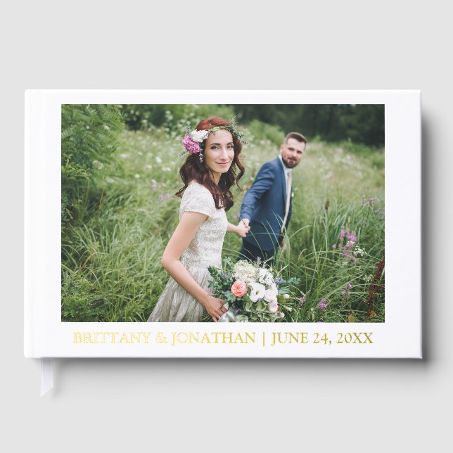 Elegante Gold Foil Couple Foto Hochzeit Gästebuch (Vorderseite)