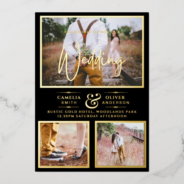 Elegante GOLD FOIL Foto Collage Black Wedding Folieneinladung (Vorderseite)