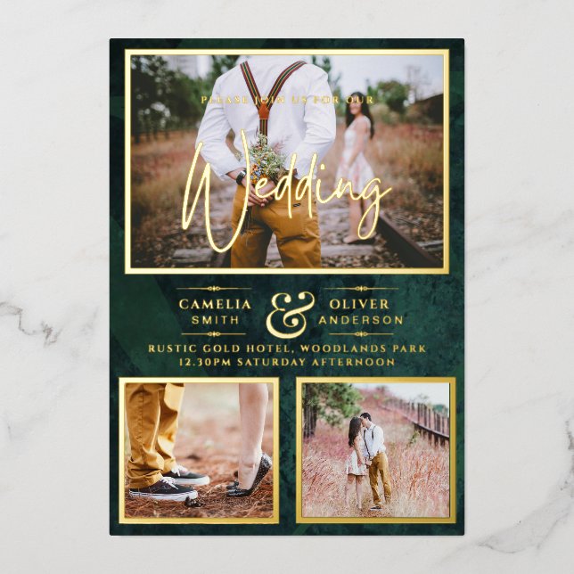 Elegante GOLD FOIL Foto Collage Green Wedding Folieneinladung (Vorderseite)