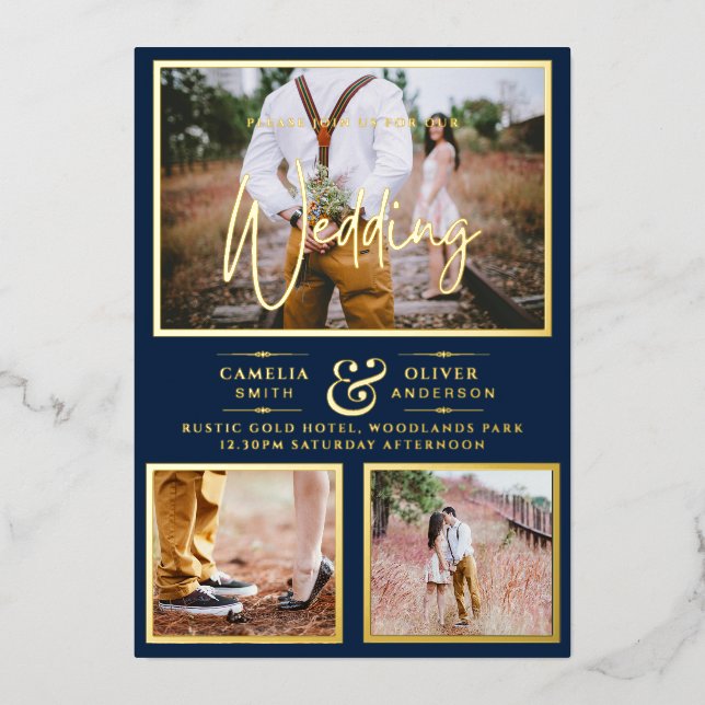 Elegante GOLD FOIL Foto Collage Navy Blue Wedding Folieneinladung (Vorderseite)