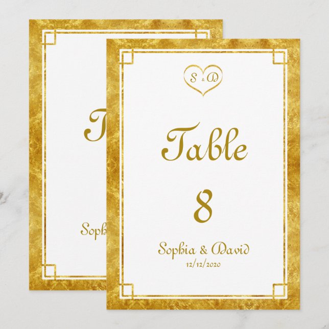 Elegante Gold Foil Heart Frame Wedding TISCHNUMMER (Vorne/Hinten)