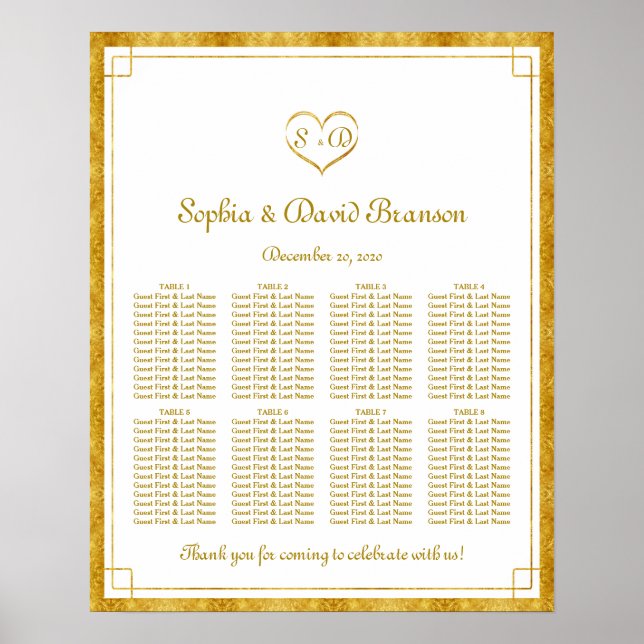 Elegante Gold Foil Heart Rahmen Weddin Seating Cha Poster (Vorne)