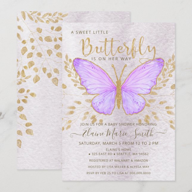Elegante Gold Foil Lila Butterfly Babydusche Einladung (Vorne/Hinten)