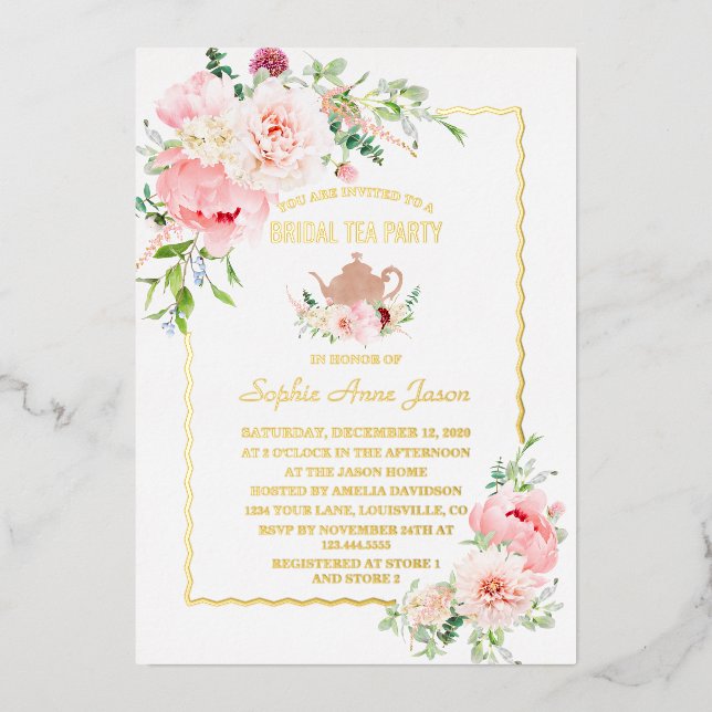 Elegante GOLD FOIL Rosa Blume Bridal Tee Party Folieneinladung (Vorderseite)