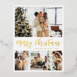 Elegante Gold Foil Script Collage Holiday Postcard Folien Feiertagspostkarte<br><div class="desc">Elegante Kalligrafie Minimalistische Gold Foil Script 4 Foto Collage Frohe Weihnachts-Postkarte. Diese festliche, mimimalistische, whimsical vier (4) Foto-Urlaubskarte Vorlage verfügt über eine hübsche Foto Collage. Der "Frohe Weihnachten"-Grußtext ist in einem handgeschriebenen Pinselskript-Schriftart in Gold auf weißem Hintergrund geschrieben. Auf der Rückseite mit einem Grußtext mit einem kleinen Herzdoodle auf Weiß...</div>