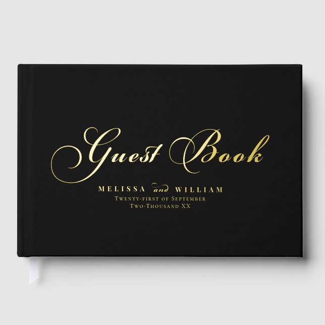 Elegante Gold Foil Script Moderne Schwarze Hochzei Gästebuch (Vorderseite)