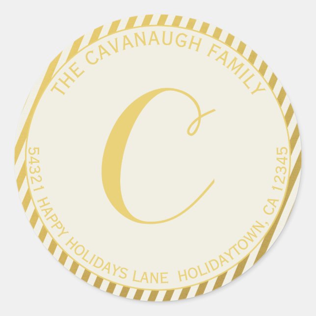 Elegante Gold Foil Stripe Monogram-Adresse Runder Aufkleber (Vorderseite)