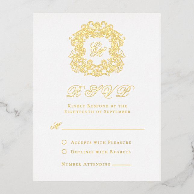 Elegante Gold Foil Wappen Monogram Wedding RSVP Ca Folie Einladungspostkarte (Vorderseite)