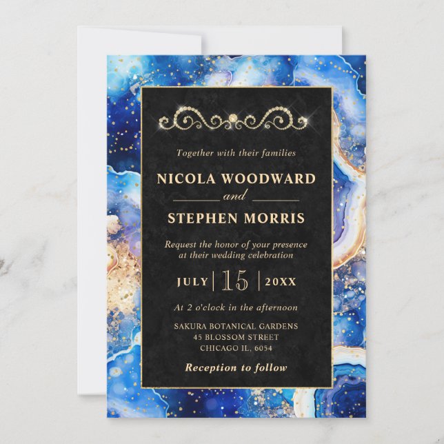 Elegante Gold Frame Blue Celestial Agate Wedding Einladung (Vorderseite)