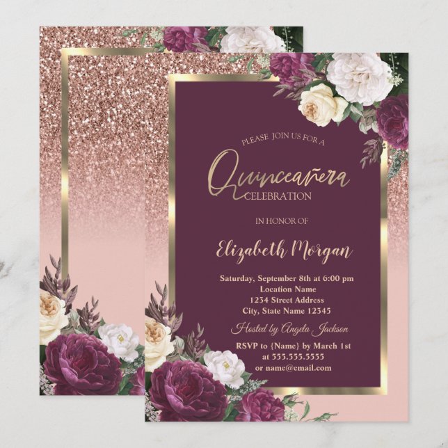 Elegante Gold Frame Burgundy Rose Quinceañera Einladung (Vorne/Hinten)