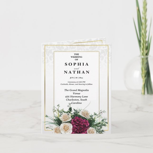 Elegante Gold Frame Classic Floral Wedding Einladung (Vorderseite)