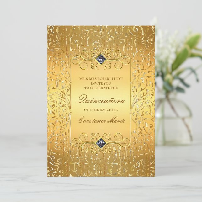 Elegante Gold Frame Quinceanera Einladung (Stehend Vorderseite)