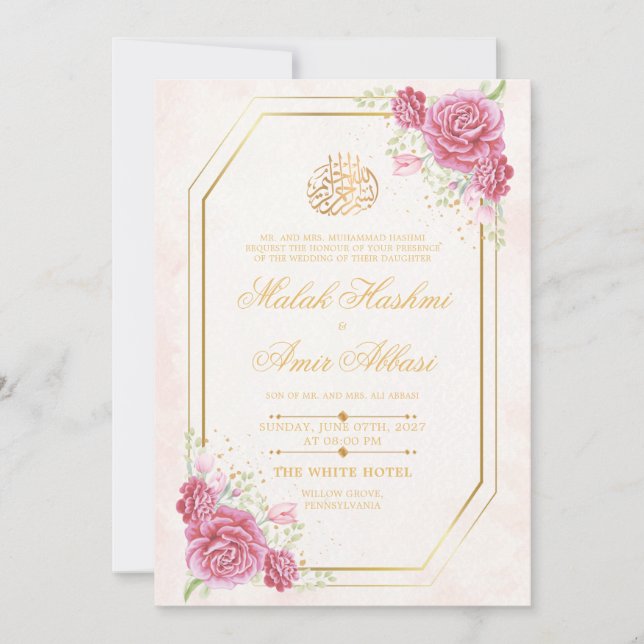 Elegante Gold Frame Rose Islamische Muslime Hochze Einladung (Vorderseite)
