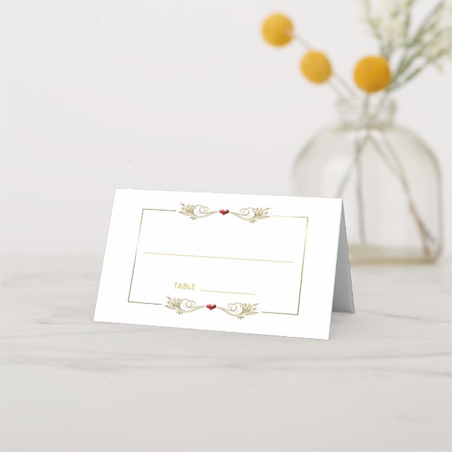 Elegante Gold Frame Rotes Herz Platzkarte (Vorderseite)
