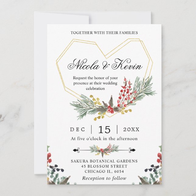 Elegante Gold Frame & Winter Holly Foliage Hochzei Einladung (Vorderseite)