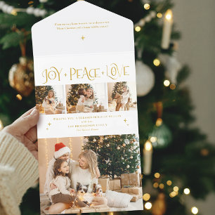 Elegante Gold Freude Frieden Liebe Schrift 3-Foto All-in-One-Einladung