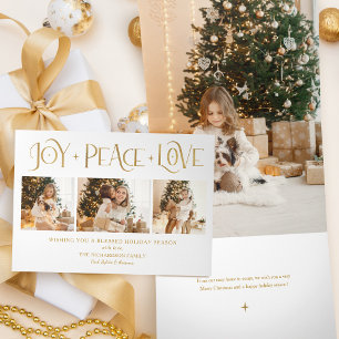 Elegante Gold Freude Frieden Liebe Schrift 3-Foto Dreifach Gefaltete Urlaubskarte