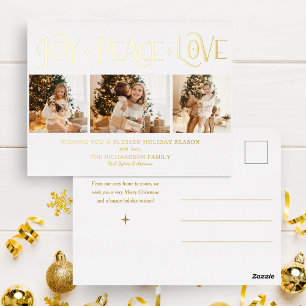Elegante Gold Freude Frieden Liebe Schrift 3-Foto Folien Feiertagspostkarte