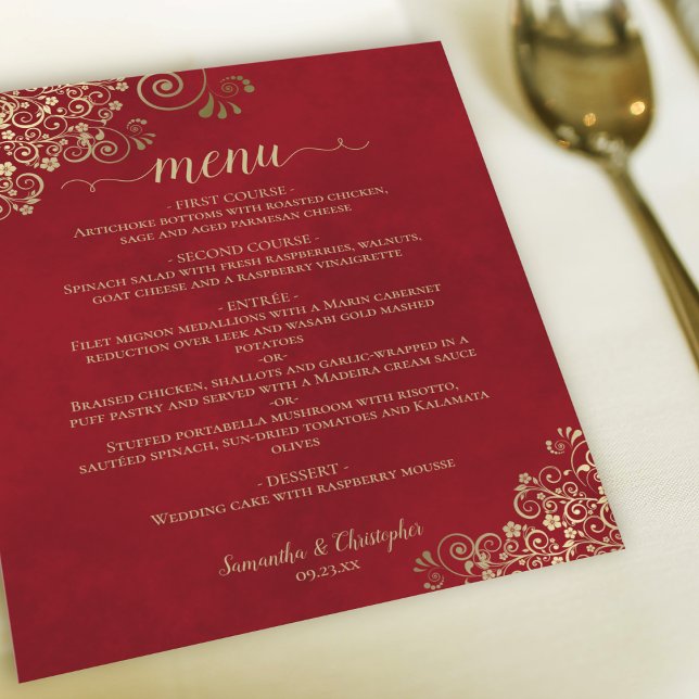 Elegante Gold Frills auf Red Budget Wedding Menu (Von Creator hochgeladen)