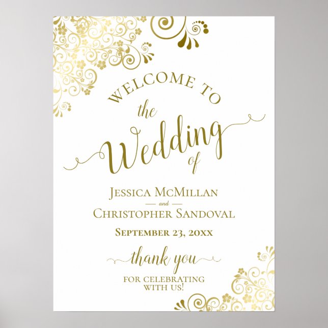 Elegante Gold Frills auf White Wedding Willkommen Poster (Vorne)