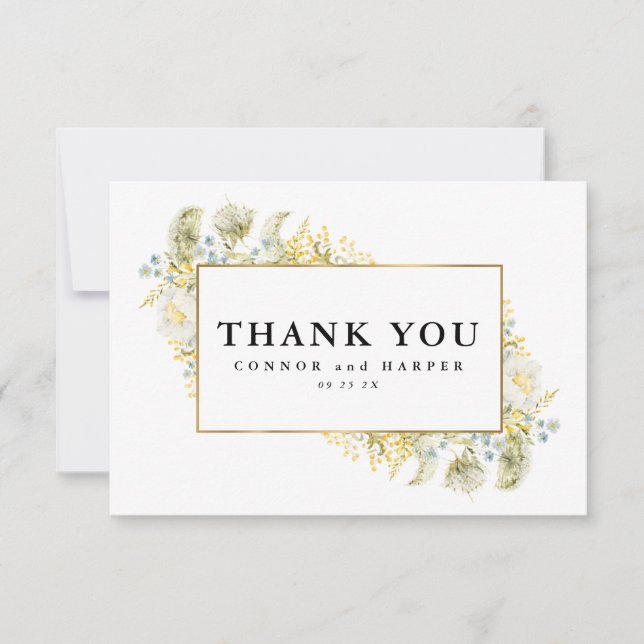 Elegante Gold Gerahmte Wildblume Edging Wedding Dankeskarte (Vorderseite)