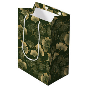 Elegante Gold-Ginkgo-Blätter Smaragdgrün Mittlere Geschenktüte