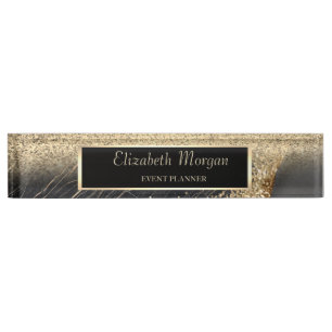 Elegante Gold Glitter Bokeh Black Marble, Rahmen Namensplakette