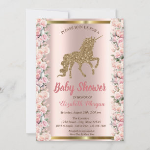 Elegante Gold Glitter Einhorn Rosen Baby Shower  Einladung