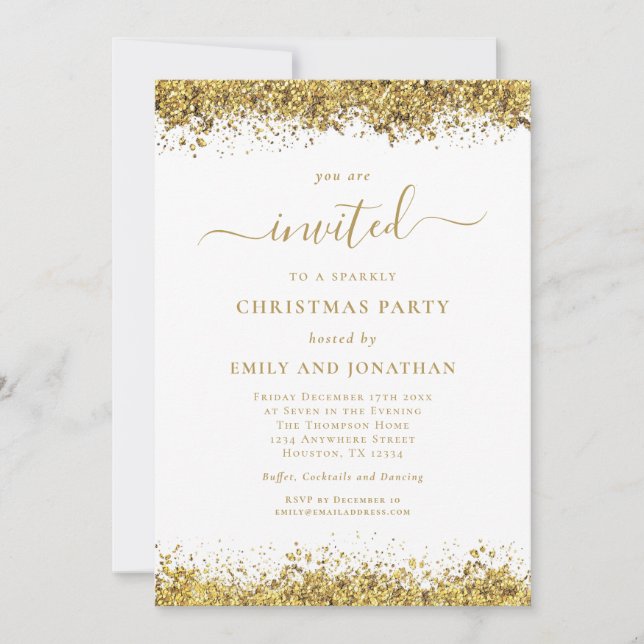 Elegante Gold Glitter Script Weihnachtsfeier Einladung (Vorderseite)