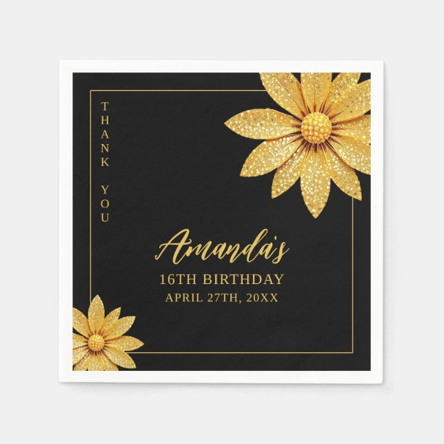 Elegante Gold Glitzer Blume Sweet 16 Geburtstag Serviette (Vorderseite)