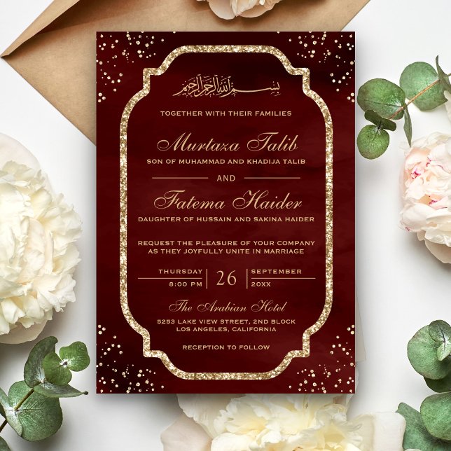 Elegante Gold Glitzer Border Maroon Moslem Wedding Einladung (Von Creator hochgeladen)