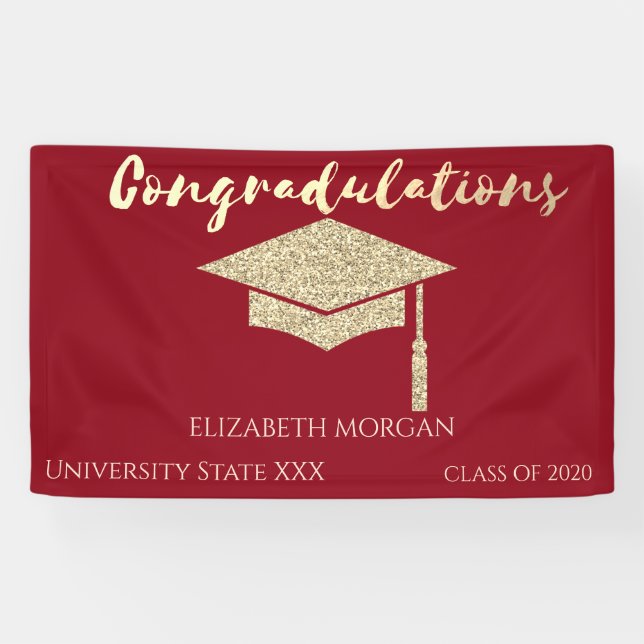 Elegante Gold Glitzer Graduate Cap, Red Abschluss Banner (Horizontal)